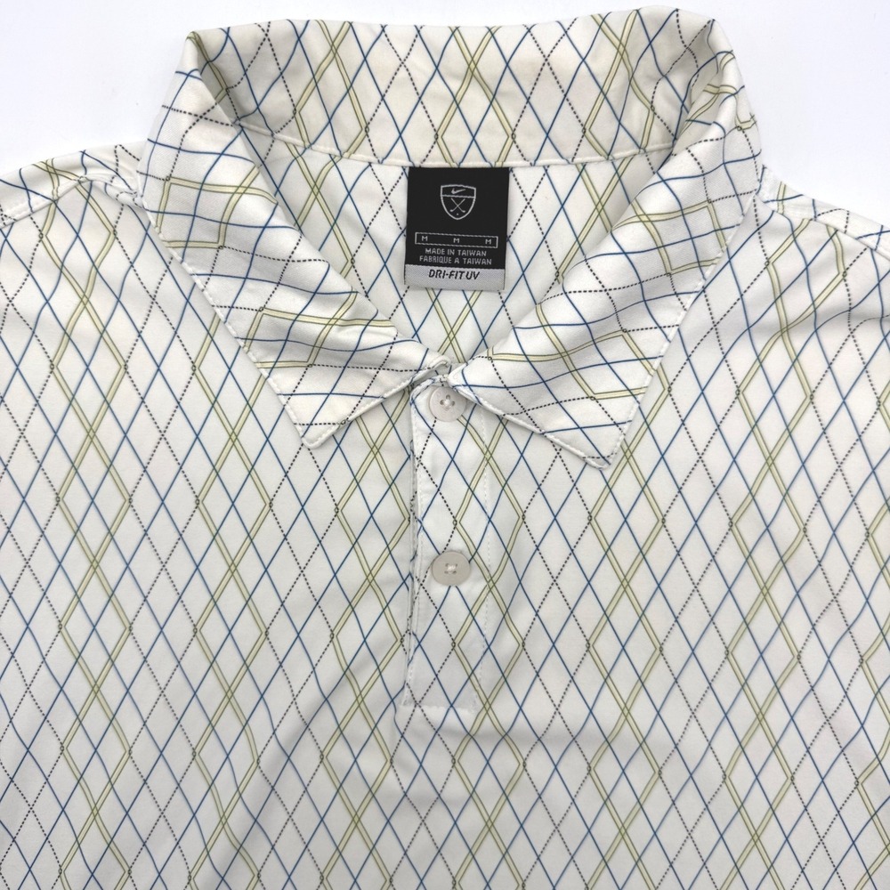 Nike Golf Polo Shirt Mens M White Blue Argyle Dri-FIT UV Short Sleeve 128901